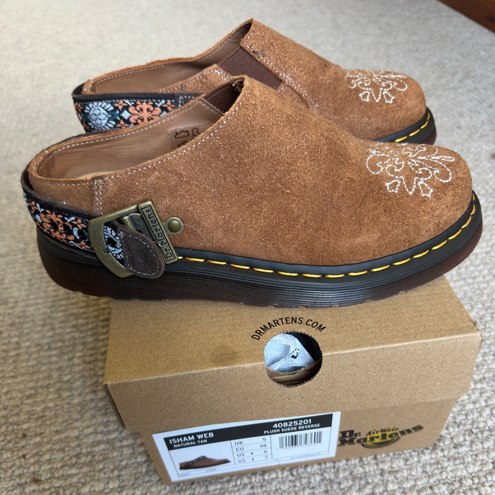 Dr. Martens Brown Suede Embroidered Buckle Clogs - Picture 2 of 7